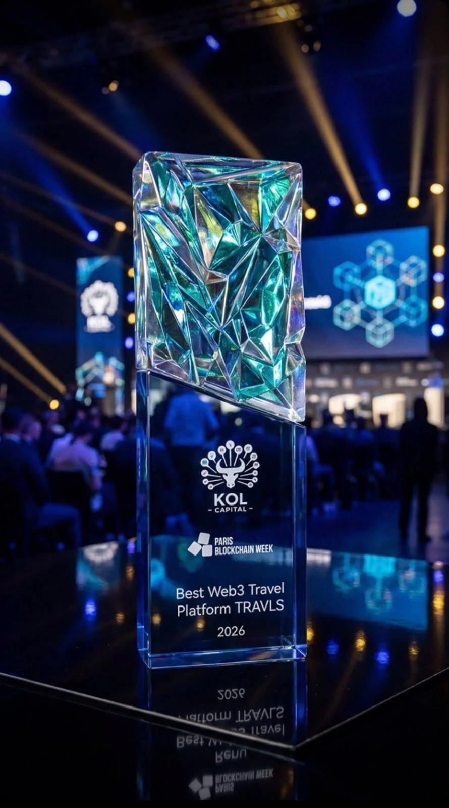 The KOL Capital Award trophy for Best Web3 Travel Platform in Paris