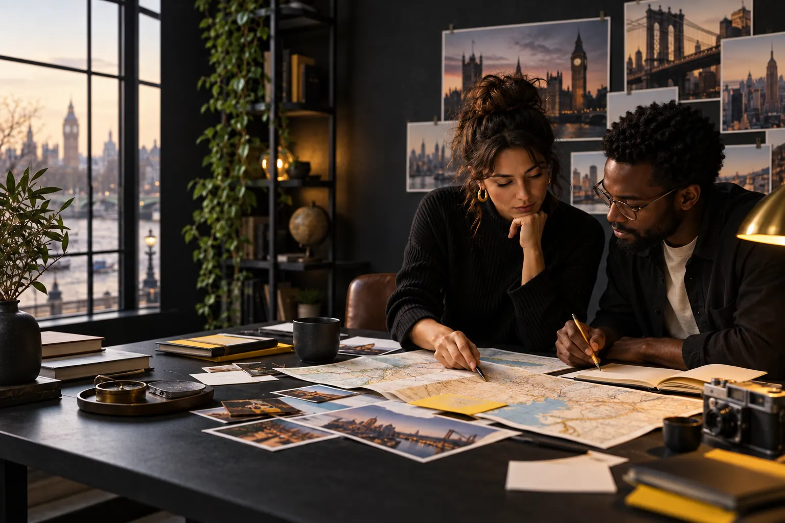 Two Travls colleagues working through a route on a paper map by lamplight